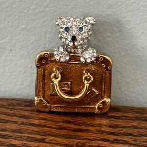 Vintage Carolee Gold Tone Teddy Bear Suitcase Rhinestone Brooch